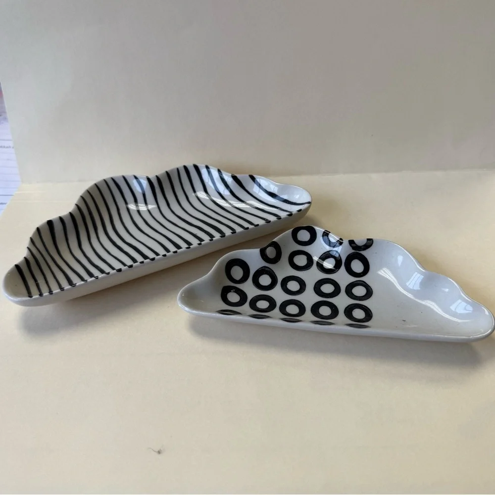 2 West Elm Cloud Ceramic Trinket Dishes in Black & White Geometric Designs.